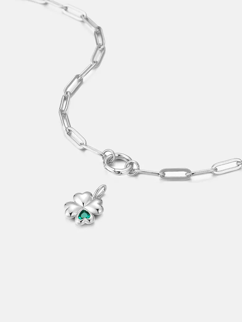 Silver Four Clover Emerald Charm Paperclip Necklace