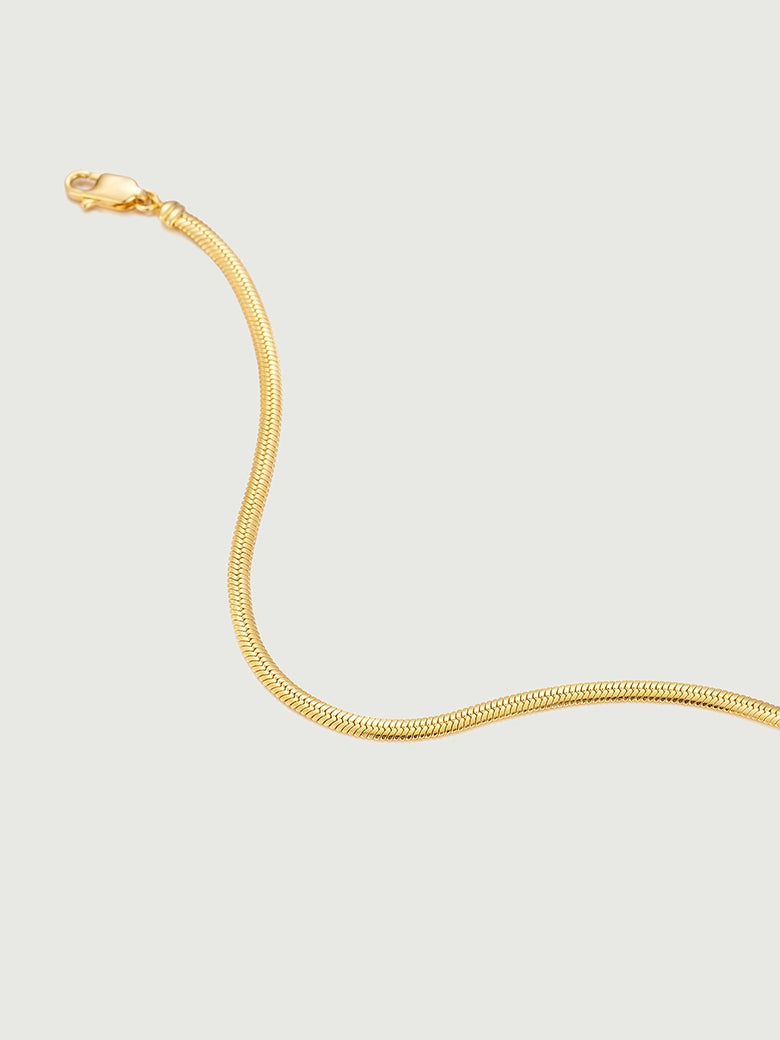 Flat Snake Chain Bracelet showing lustrous gold vermeil with smooth, flexible design and adjustable lobster clasp.