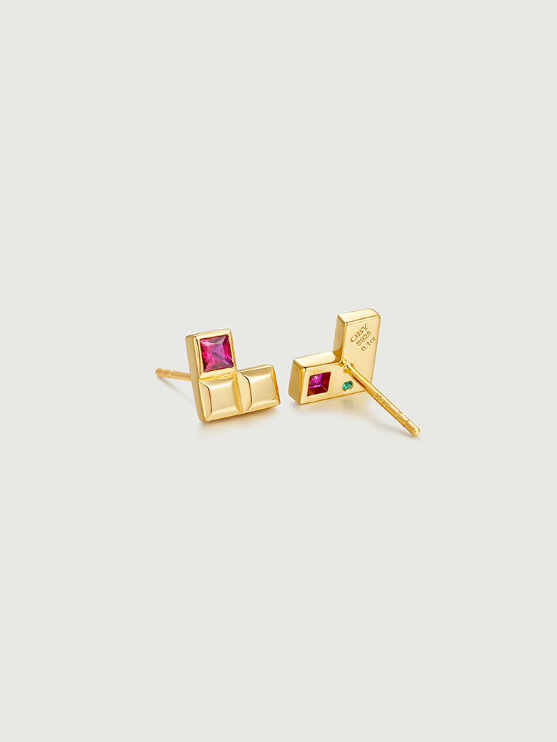 Sqaure Ruby Heart Stud Earrings