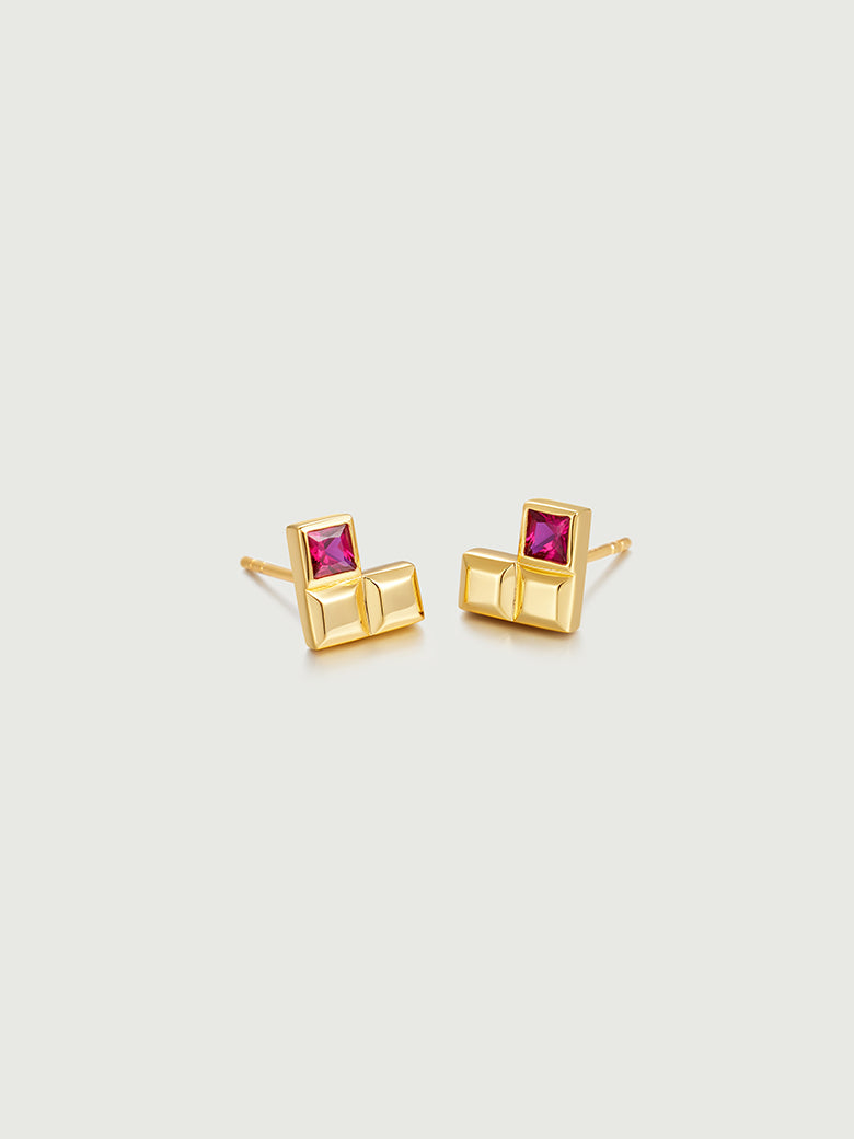 Sqaure Ruby Heart Stud Earrings