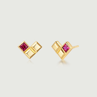 Sqaure Ruby Heart Stud Earrings