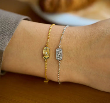 Close-up of a woman's wrist showcasing Stellar Birthstone Engravable Bracelet