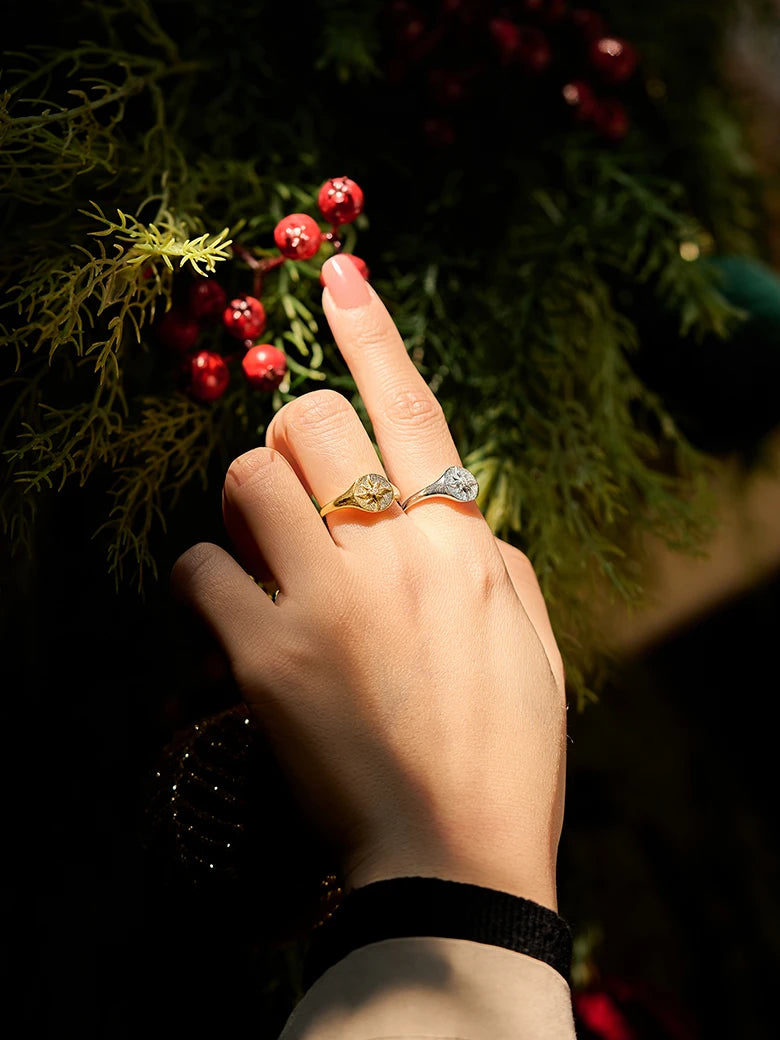 Close-up of a woman's finger showcasing SunSignetSilverRing