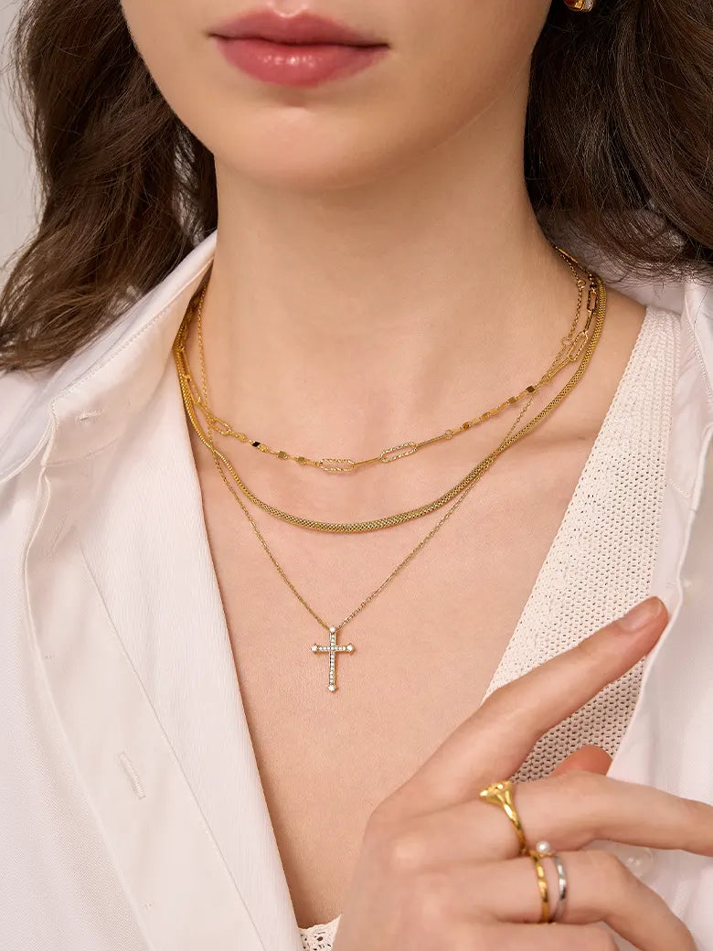 Close-up of a woman's neck showcasing WovenChainNecklace