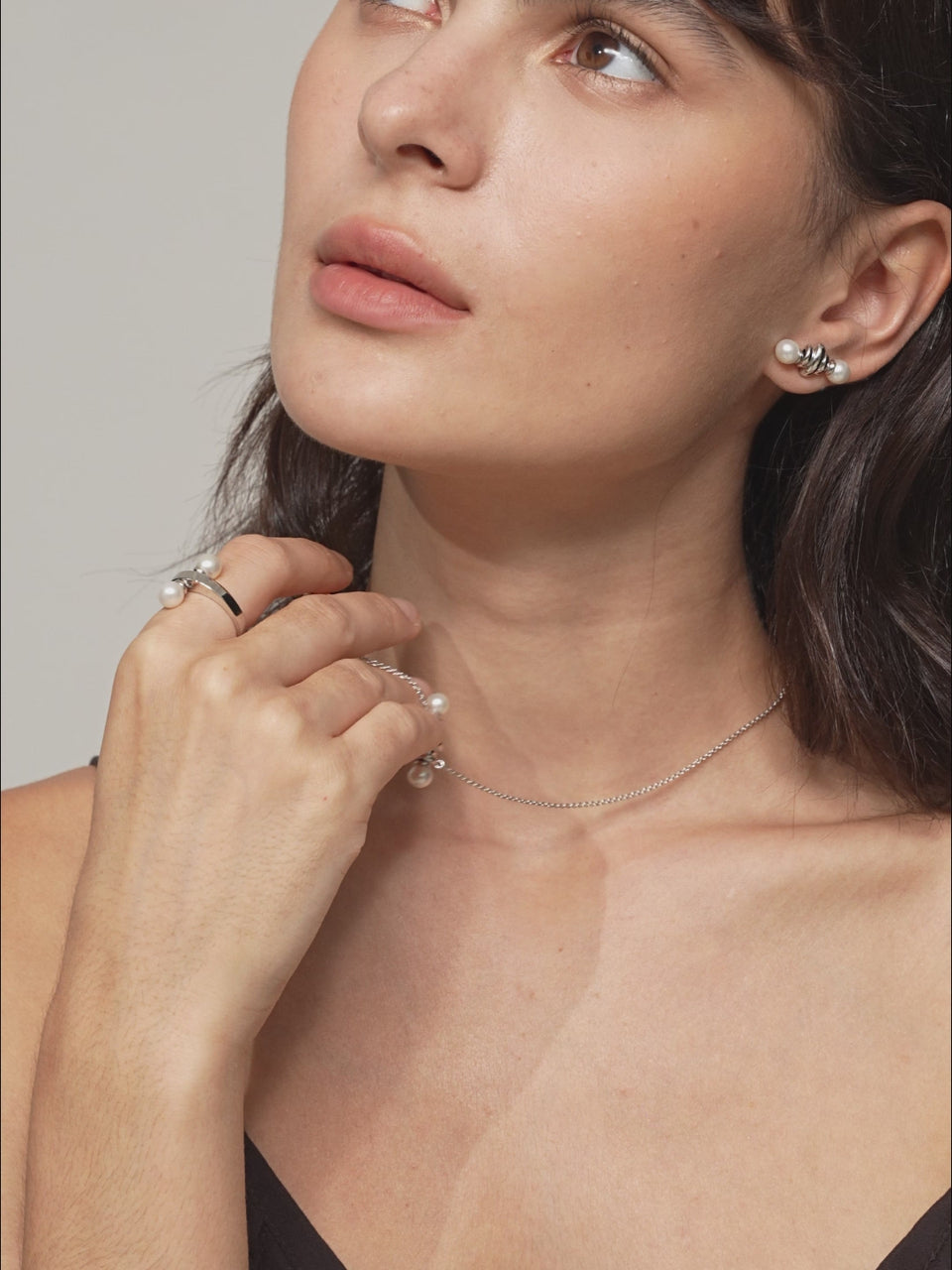 Double pearl necklace with freshwater pearls and sculptural sterling silver details